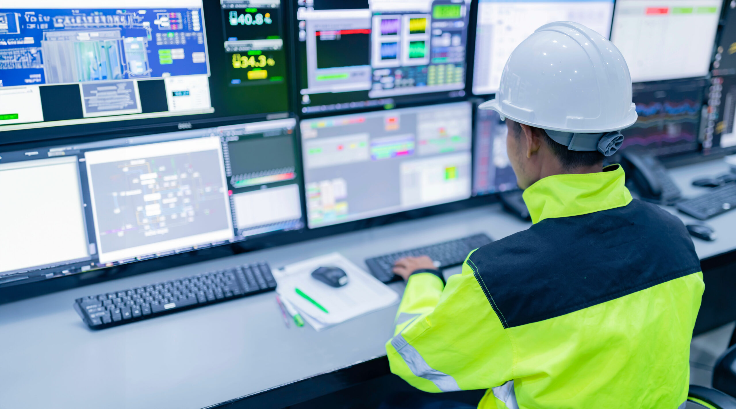 Opérateur en équipement de sécurité supervisant les systèmes depuis la salle de contrôle